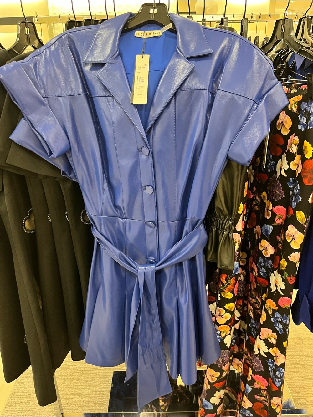 Alice + Olivia Royal Blue Faux-Leather Belted Short-Sleeve Coat